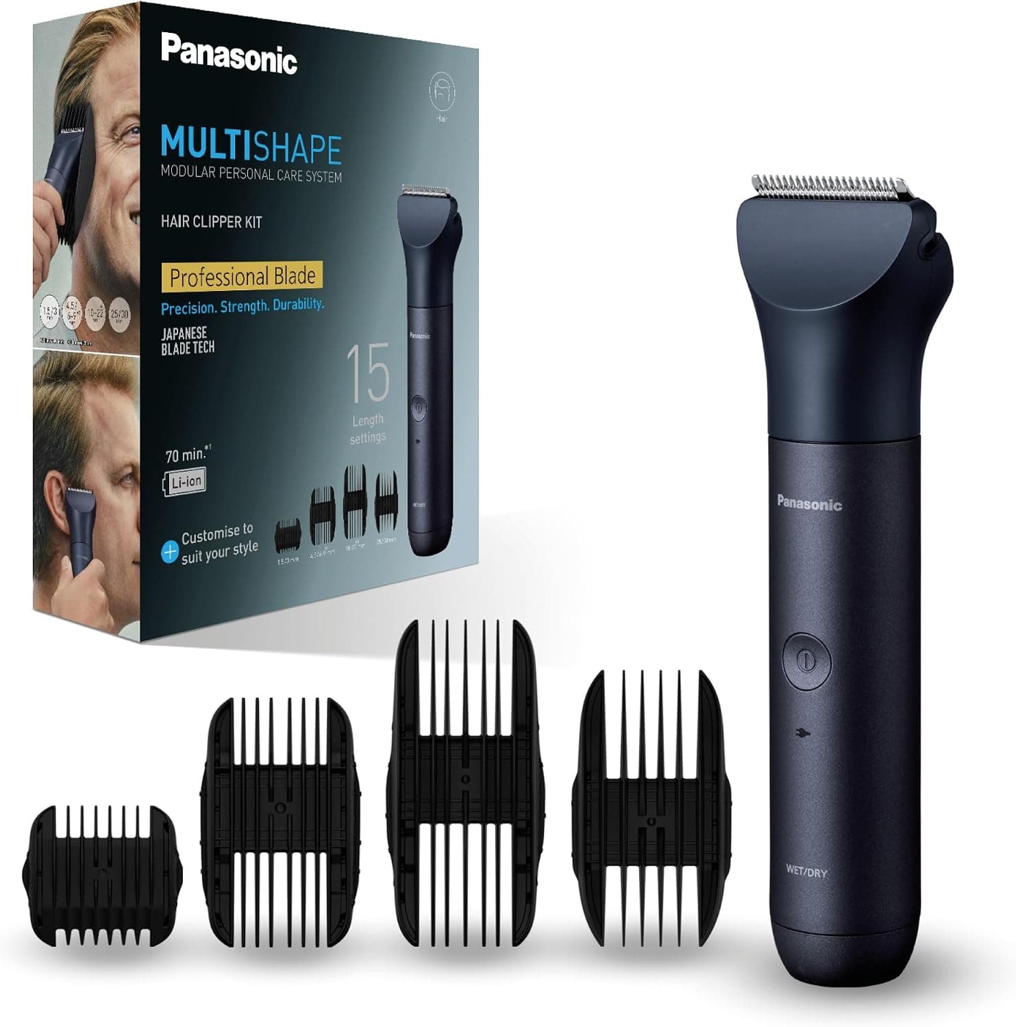 Panasonic ER-CKL3-A301 MULTISHAPE(Système Modulaire de Soins Personnels) Kit Tondeuse à Cheveux, Unité Principale et Tête Tondeuse à Cheveux, 15 Réglages de Longueur, 4 Peignes, Batterie Li-Ion, Noir