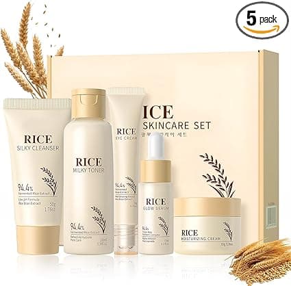 essence Rice Skin Care Set, 5 Pieces, Rice Tonic, Essence, Cream, Eye Serum, Cleansing, Rice Raw Pulp Skin Care Kit, Moisturizing, Non-Greasy, Suitable for All Skin Types