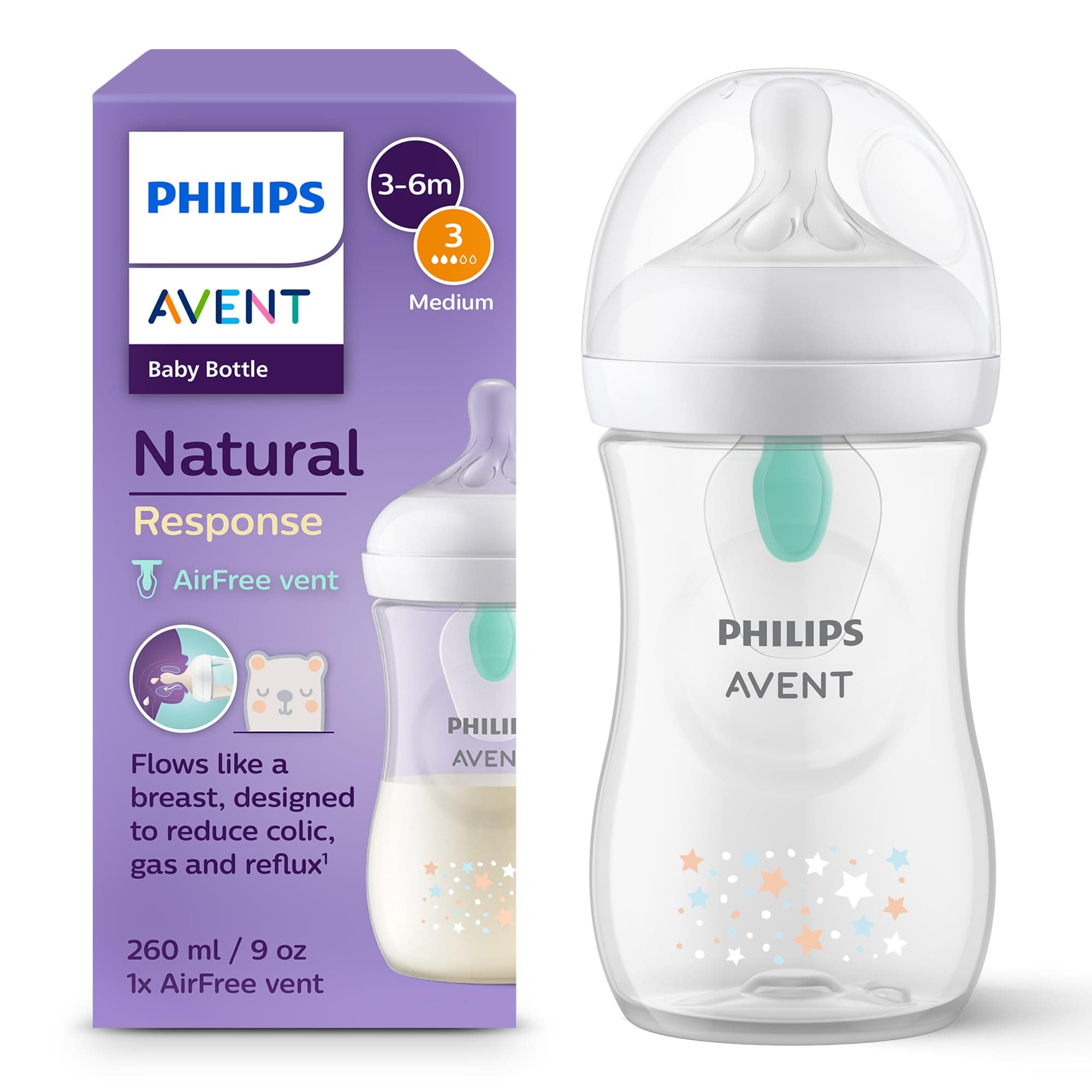 Philips Avent Biberon à Réponse Naturelle de 260 ml avec valve AirFree, sans BPA pour les bébés de 1 mois et +, motif ours (modèle SCY673/82) - Image 1