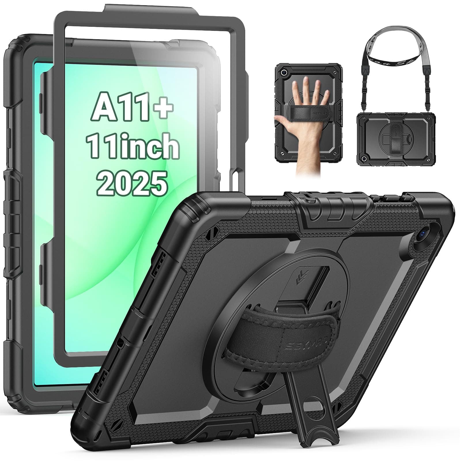 Samsung SEYMAC Case for Samsung Galaxy Tab A11+ Plus 2025/A9+ Plus 11 Inch 2025/2023, Shockproof Protection for Samsung A11+ Tablet with Screen Protector, 360° Rotating Hand Strap and Stand, Black