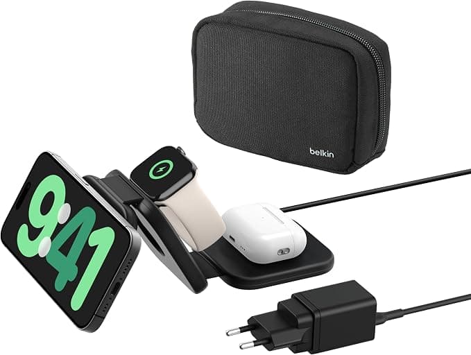 Belkin BoostCharge Pro 3-in-1 Portable Magnetic Charging Station with Qi2, Compatible MagSafe Charger, Foldable, 15W for iPhone 17, iPhone Air, Pixelsnap, Apple Watch Series 11, AirPods - Image 1