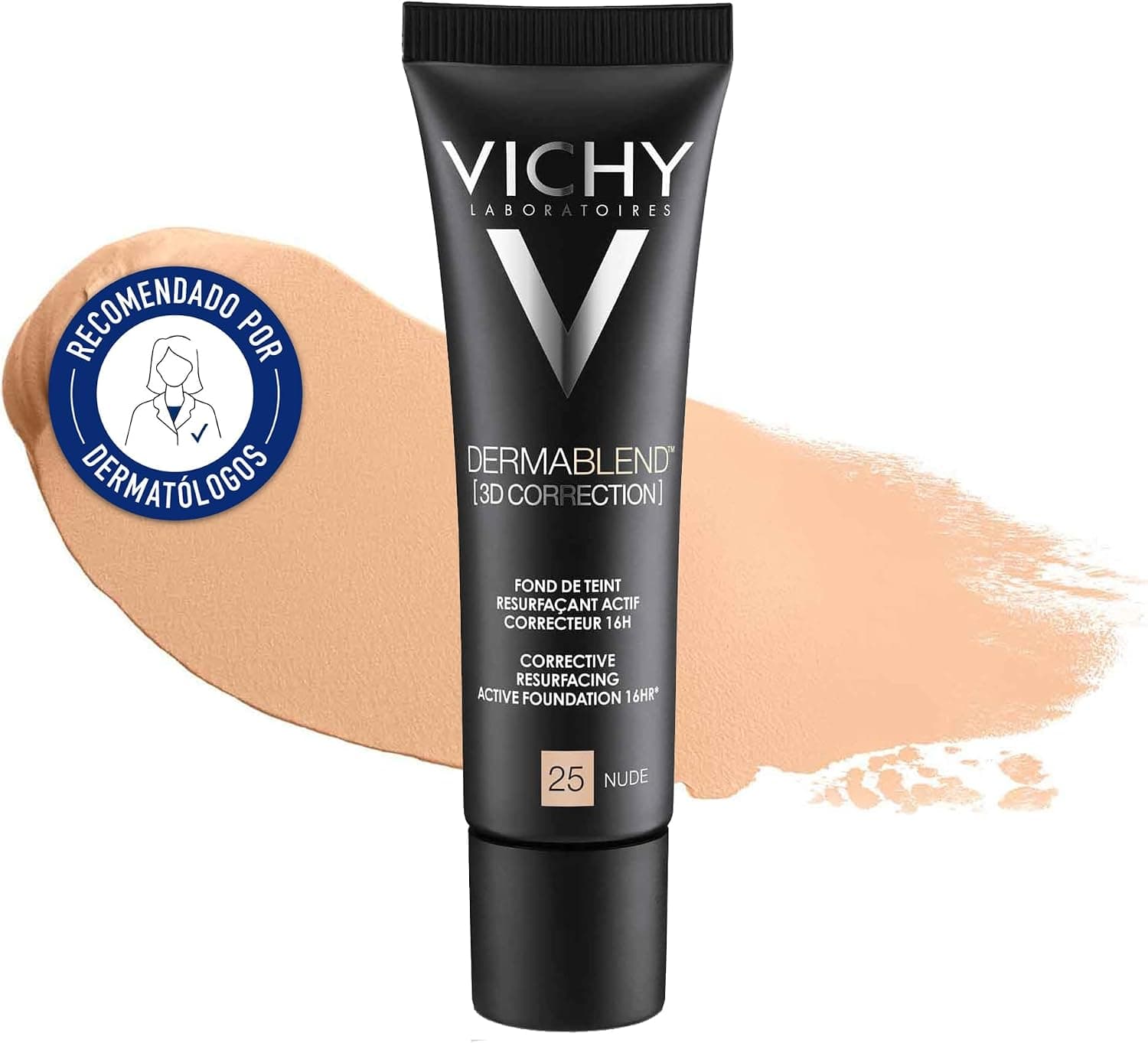 Vichy, Dermablend, Fond de Teint Resurfaçant 3D, Actif Correcteur, Longue Tenue 16H, Haute Couvrance, SPF 25, Adapté aux Peaux Sensibles, Teinte : Nude 25, 30 ml - Image 1