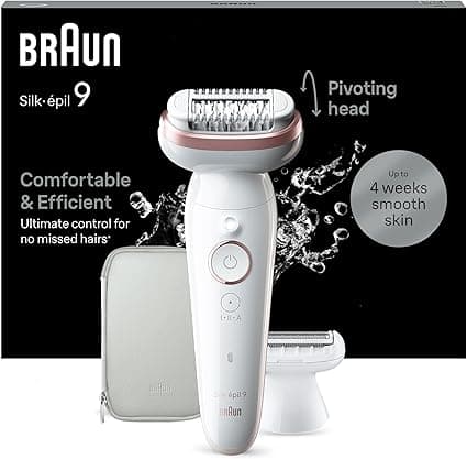 Sage Braun Silk-épil 9 9-030 Women's Electric Epilator with Swivel Head for Easy Hair Removal, Razor Head, Clipper and Massage Rollers, Long Lasting Soft Skin, White/Pink