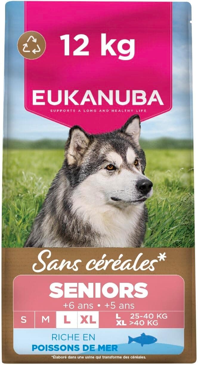 Eukanuba Croquettes Premium sans Céréales Chien Sénior de Grande Race– Riche en Poisson de l’Océan - Hypoallergénique – Glucosamine Chondroïtine-12 kg
