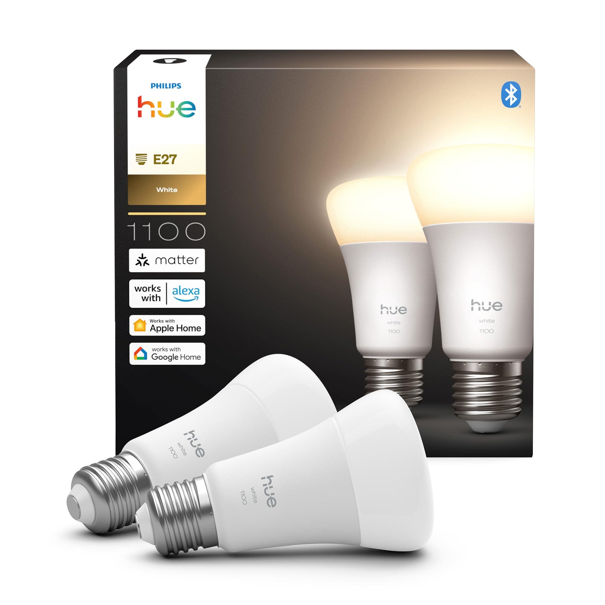 Philips Hue Ampoule LED connectée A60, Lumière blanche chaude 2700 K, Culot E27, 9,5 W, 1100 lumens, Intensité variable, Compatible avec Alexa, Google Assistant et Apple Home, pack de 2 - Image 2