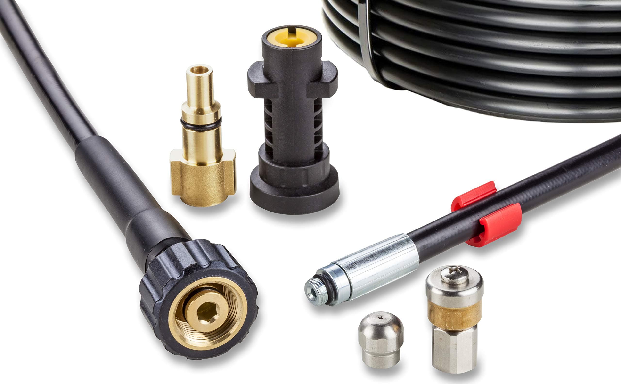High Pressure Washer Drain Unblocker Hose 30 m, 200 Bar - Ferret Kit Compatible with Karcher, Parkside, Lavor, Bosch Professional - with Fixed Nozzle, Rotary Nozzle KNOFER