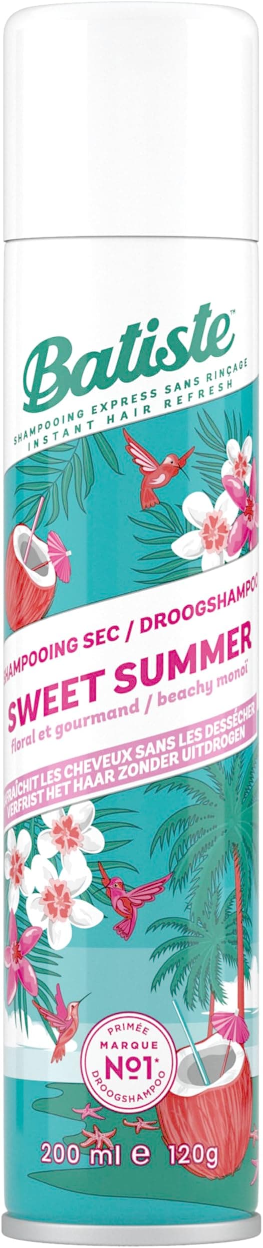 Batiste Dry Shampoo, Sweet Summer, Refreshes Hair and Provides Volume, Monoi, Coconut and Vanilla Scent, Absorbs Excess Sebum, No Rinse, 200 ml