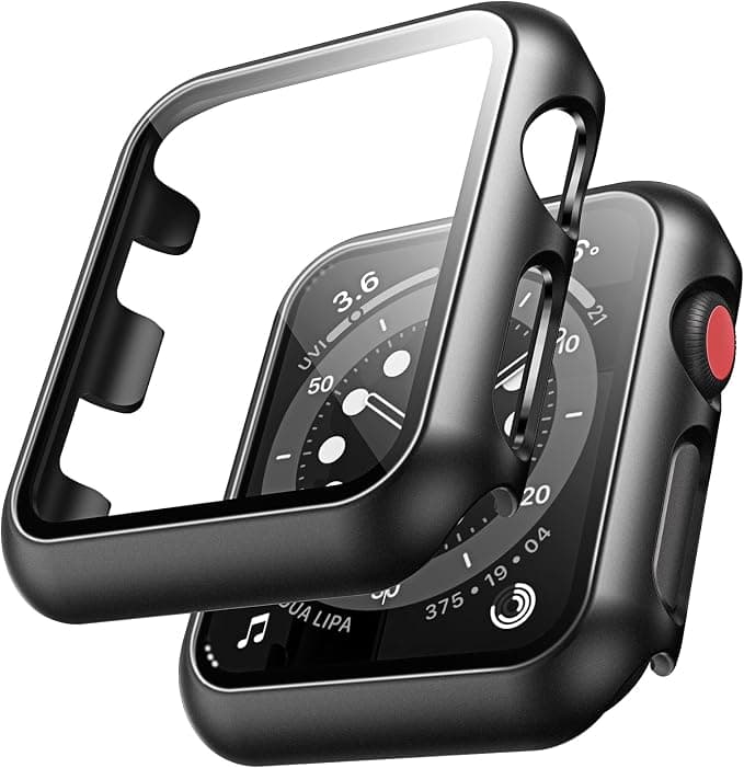 TAURI 2 Pieces PC Case Compatible with Apple Watch Series 3/2/1 42mm, Ultra Thin Screen Protector [Touch Sensitive] PC Hard Screen Protector Tempered Glass iWatch 42mm-Black