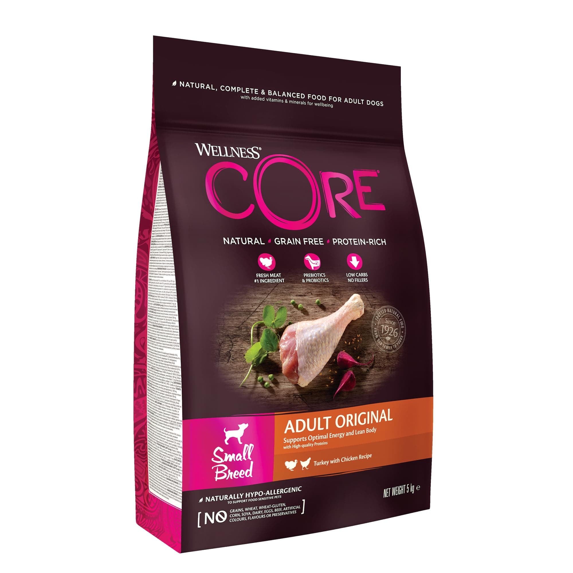 Wellness CORE Small Breed Adult Original, Croquettes Chiens de Petite Race, sans Céréales, à Haute Teneur en Viande, Dinde & Poulet, 5 kg