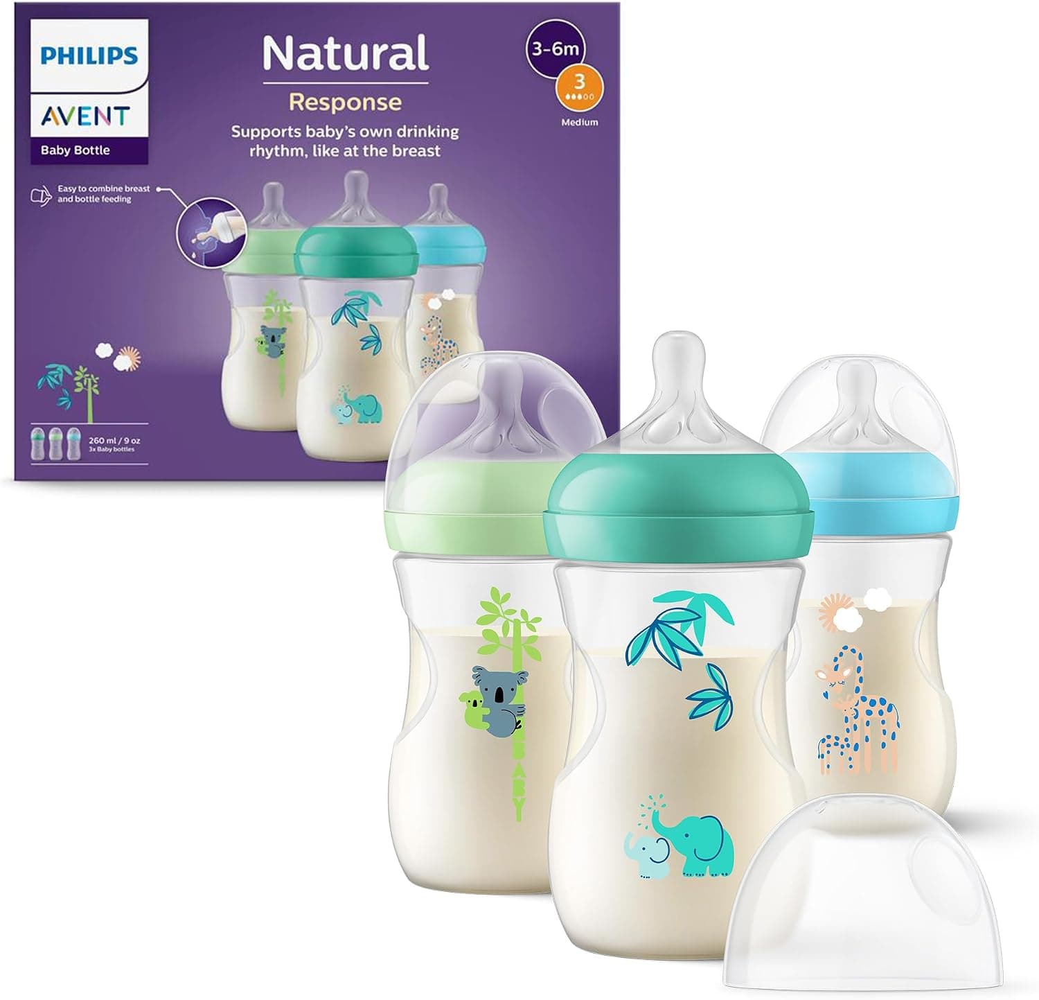 Philips Avent Natural Response 260 ml (9 oz) Bottles with Medium Flow Teats (Flow 3), Set of 3, Tropical Animals, SCY903/73