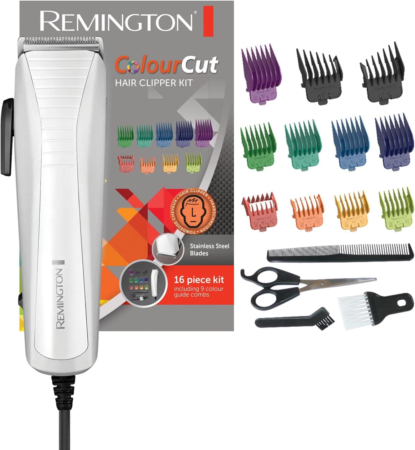 Remington Hair Clipper [Family Ideal] ColorCut (Easy Use, Self-Sharpening Stainless Steel Blades, AC, 11 Coloured Combs 1.5-25 mm, Comb, Scissors) HC5035 Trimmer - Image 1