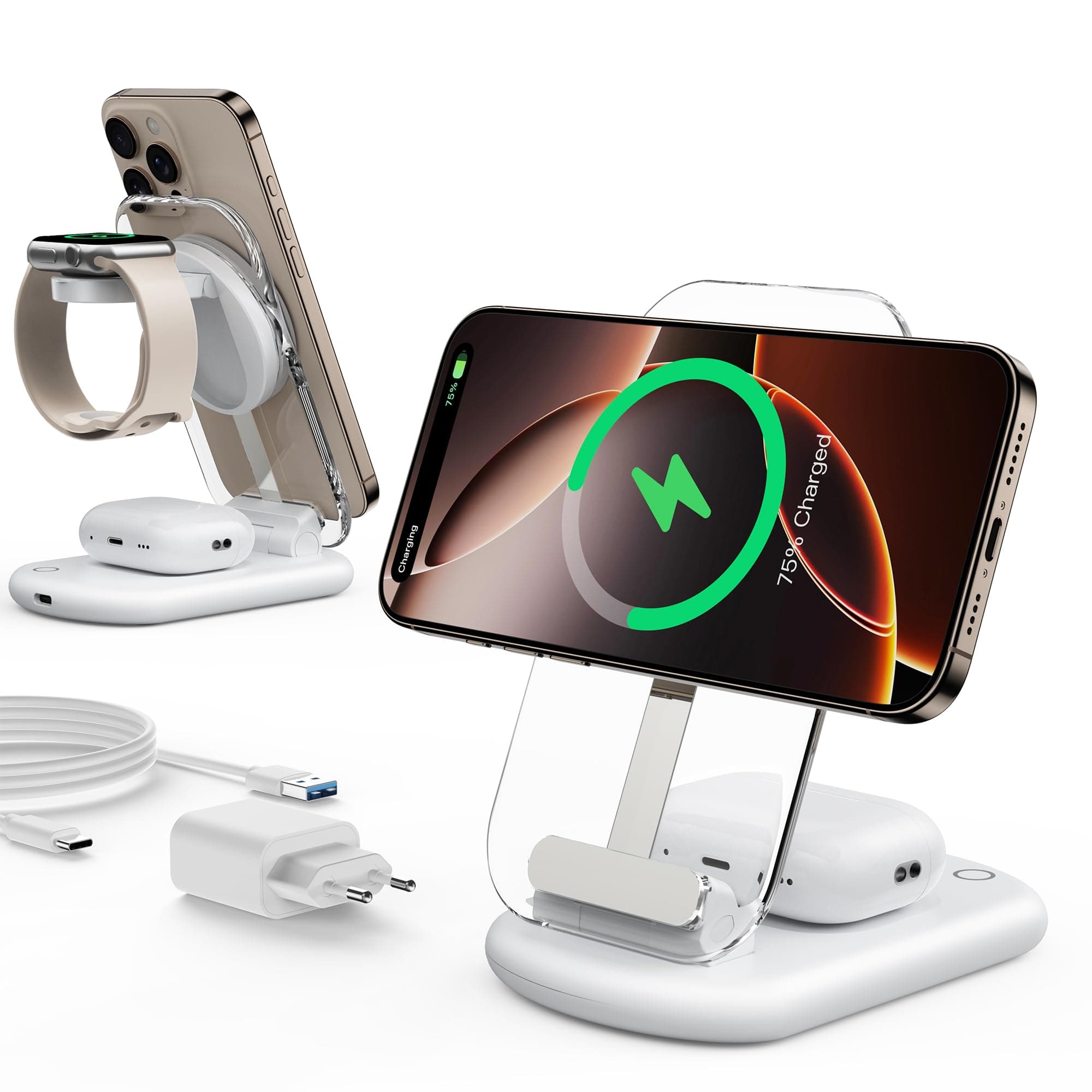 Mag Safe Charger, Apple Watch and iPhone Charging Dock, 3 in 1 Compatible with iPhone 17 16 15 14 13 12 Pro Max/Air/Plus/Pro, for Apple Watch 10/9, Airpods 3/2/Pro, Foldable, White - Image 1