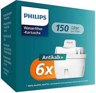 Philips Philips Water Cartouches filtrantes de rechange Anticalcaire+, paquet de 6,réduit chlore,microplastiques et autres contaminants, L’EMBALLAGE PEUT VARIER, Compatible avec Brita*