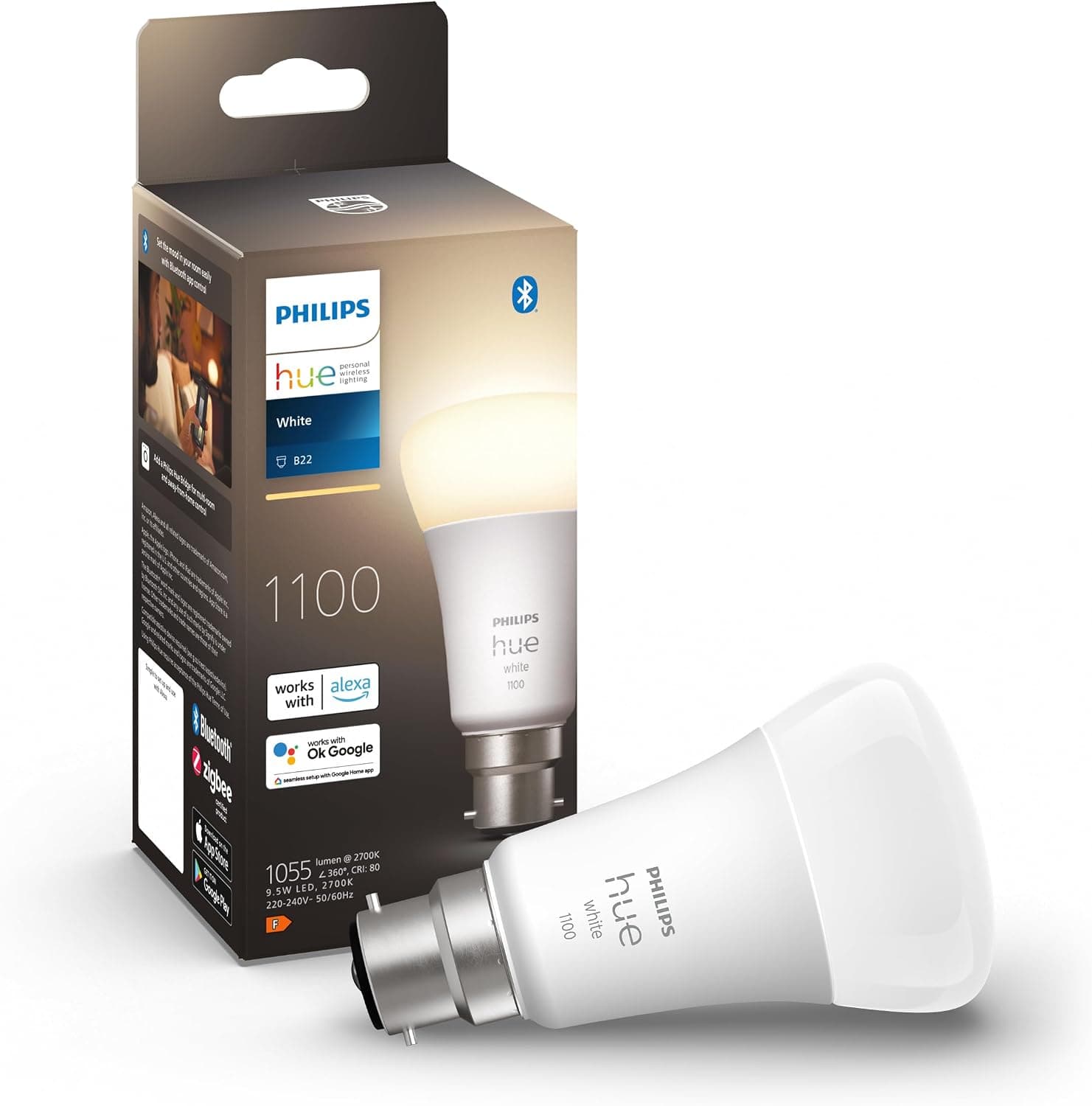 Philips Hue White 75W Equivalent B22 Smart LED Bulb, 1100 Lumens, Bluetooth Compatible, Works with Alexa, Google Assistant and Apple Homekit - Image 1