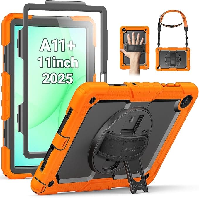 Samsung SEYMAC Samsung Galaxy Tab A11 Plus (2025) 11 Inch Case, Shockproof Protective Case for Galaxy Tab A11+ Tablet with Screen Protector, 360° Rotating Hand Strap and Stand (SM-X230/X235/X236), Orange