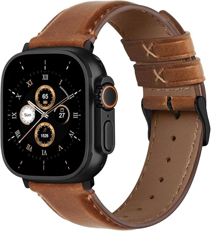 Fullmosa Genuine Leather Strap Compatible with Apple Watch Ultra 3/2/1 49mm, Series 11/10 46mm, Series 9/8/7 45mm, SE3/2/1 Series 6/5/4 44mm, S3/2/1 42mm, Brown+Black Buckle