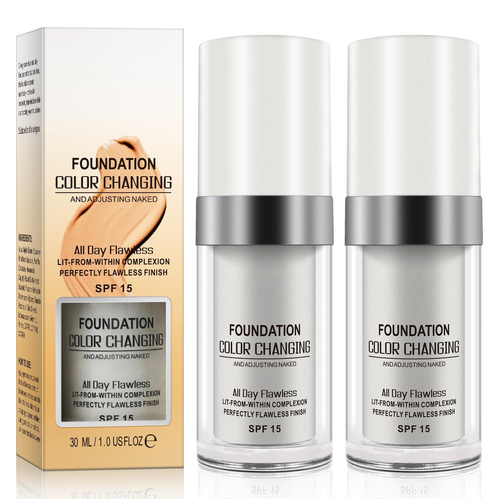 2 Pack Fondation liquide, Flawless Colour Changing Warm Skin Tone Foundation, Foundation Color Changing, SPF15, teint hydratant, Tous Les Tons de Peau, Correcteur Couverture Liquide Visage Nude - Image 1