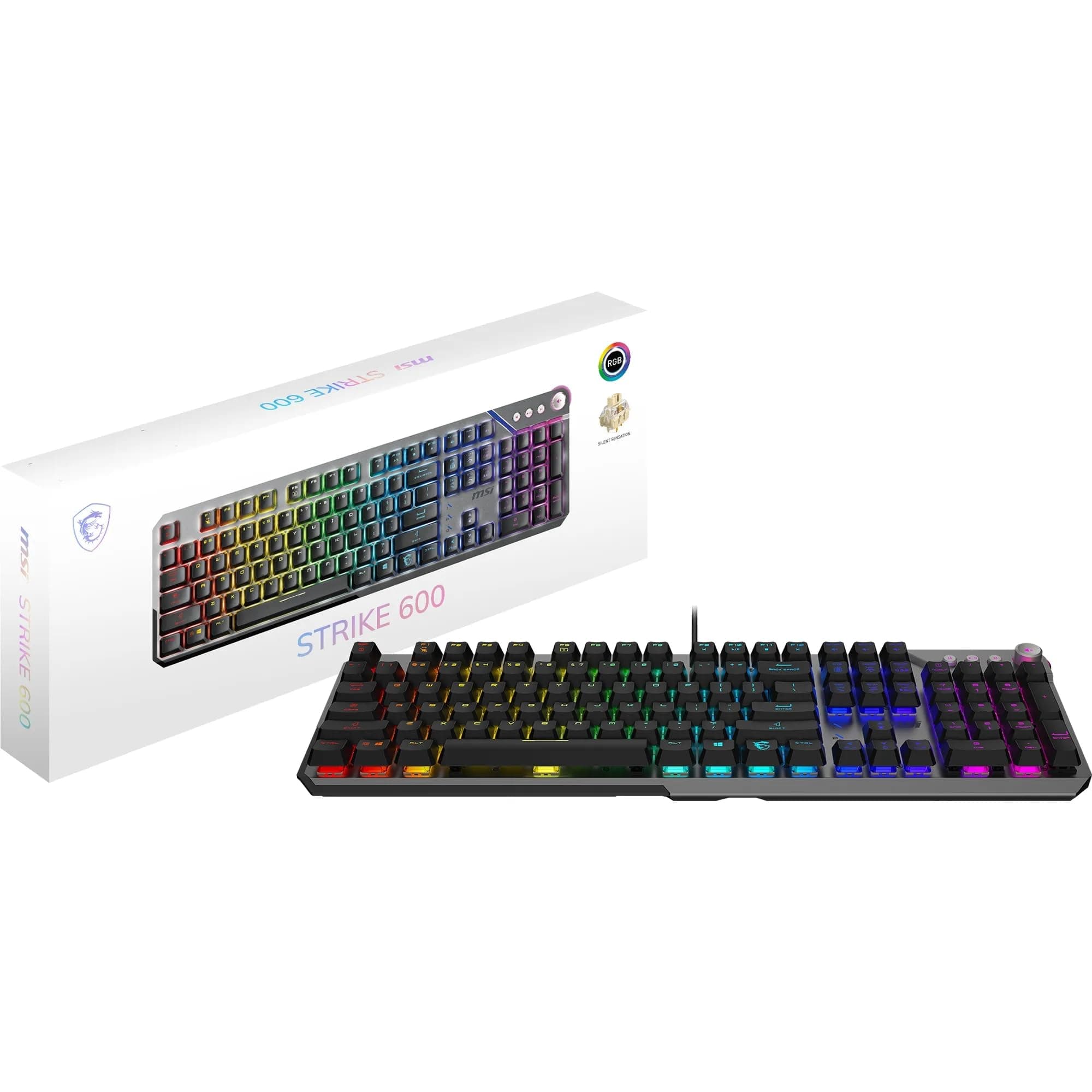 MSI Strike 600 Silent FR Silent Gaming Keyboard – Kailh Midnight Pro Silent Touch Switches, Ergonomic Keys, Non-slip Base, RGB Mystic Light per Key, USB 2.0 – Full Size - Image 1