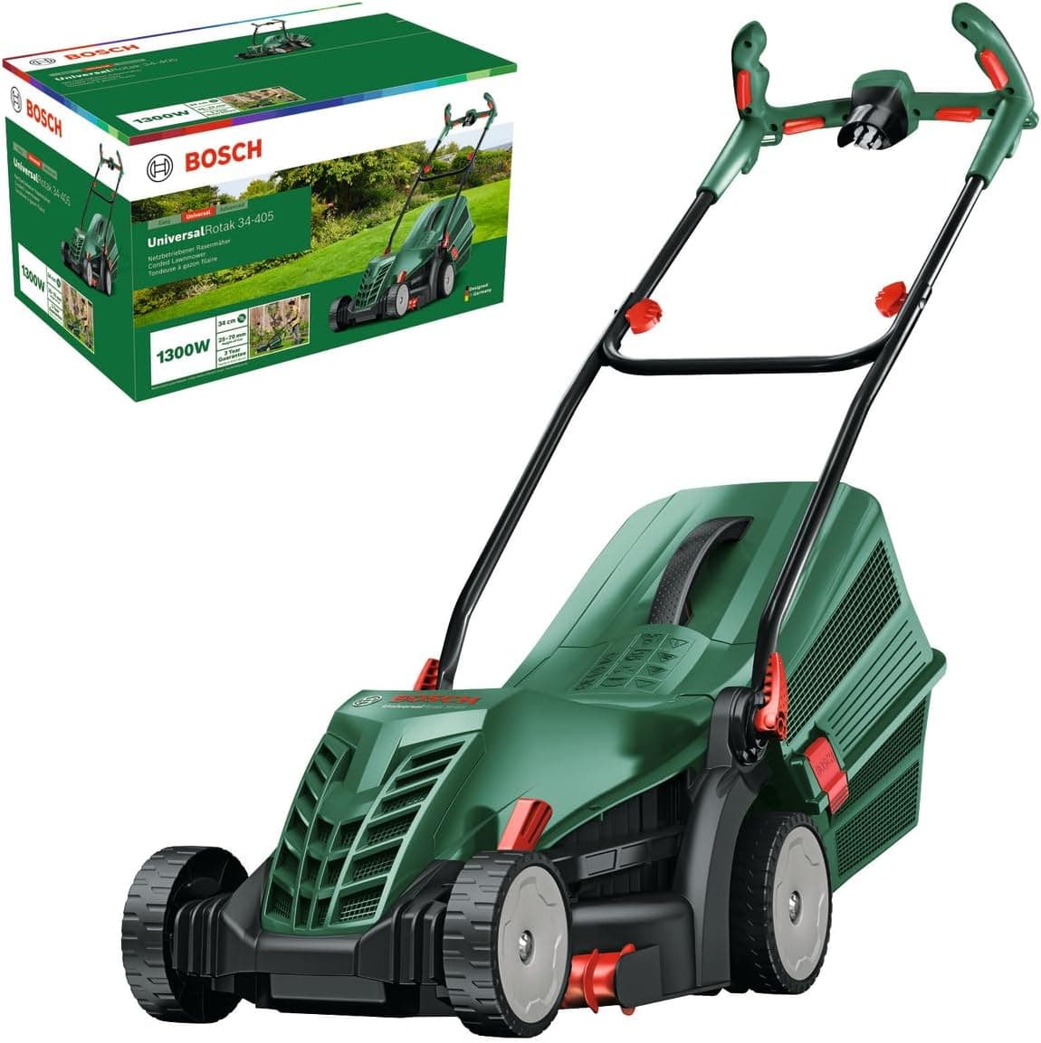 Bosch UniversalRotak 34-405 Wired Lawnmower (1300 W Motor, Cutting Width: 34 cm, 40 Litre Collection Bin for Uniform Lawn Mowing Leaving Clean Edges) - Image 1