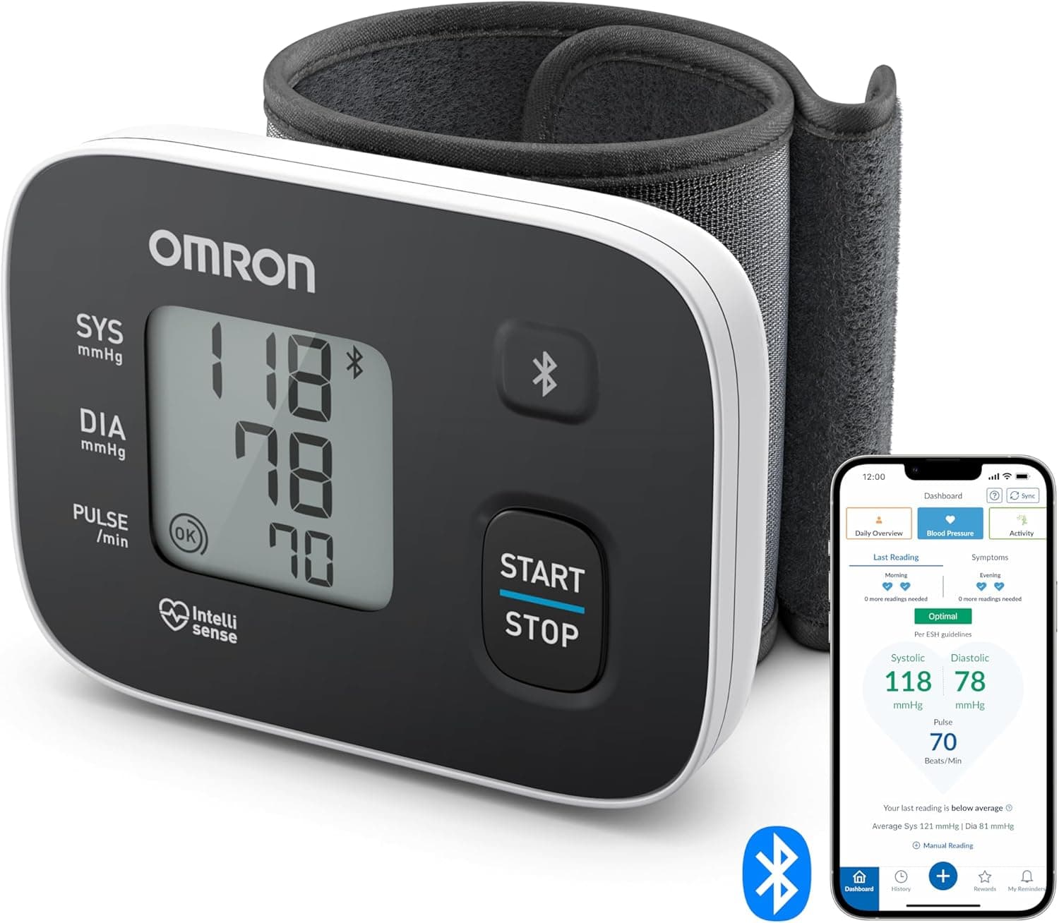 OMRON OMRON RS3 Intelli IT Automatic Wrist Blood Pressure Monitor with Bluetooth Connection, Compatible with iOS and Android Smartphones, Clinically Validated, Wearable, 5.3-8.5 Inch Wristband