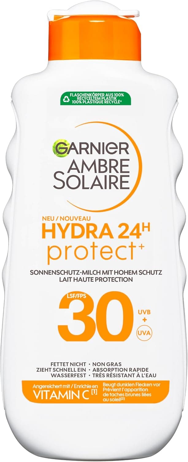 Garnier Ambre Solaire Hydra Protect+ Lait Solaire 24h SPF 30 Protection UVA et UVB avec Vitamine C 175 ml