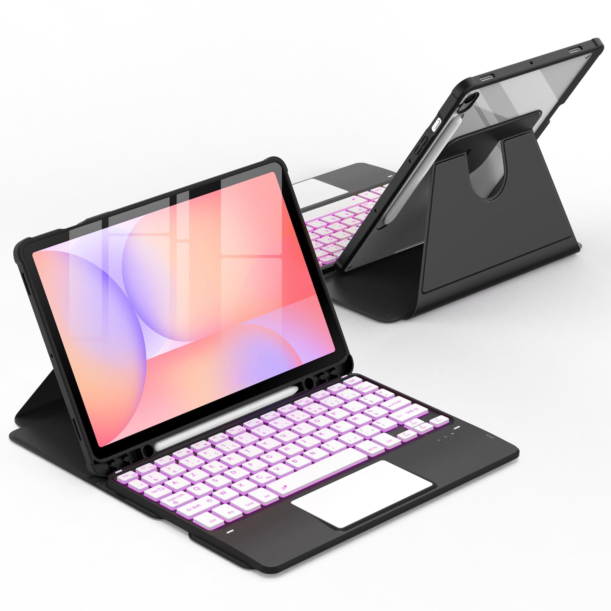 CACOE Samsung Galaxy Tab S10 Lite 5G / S10 FE / S9 FE / S9 FE / S9 10.9 Inch / 11 Inch (2025/2023) 360 Rotating Keyboard Case Cover with Touchpad 7 Colours Backlit Black
