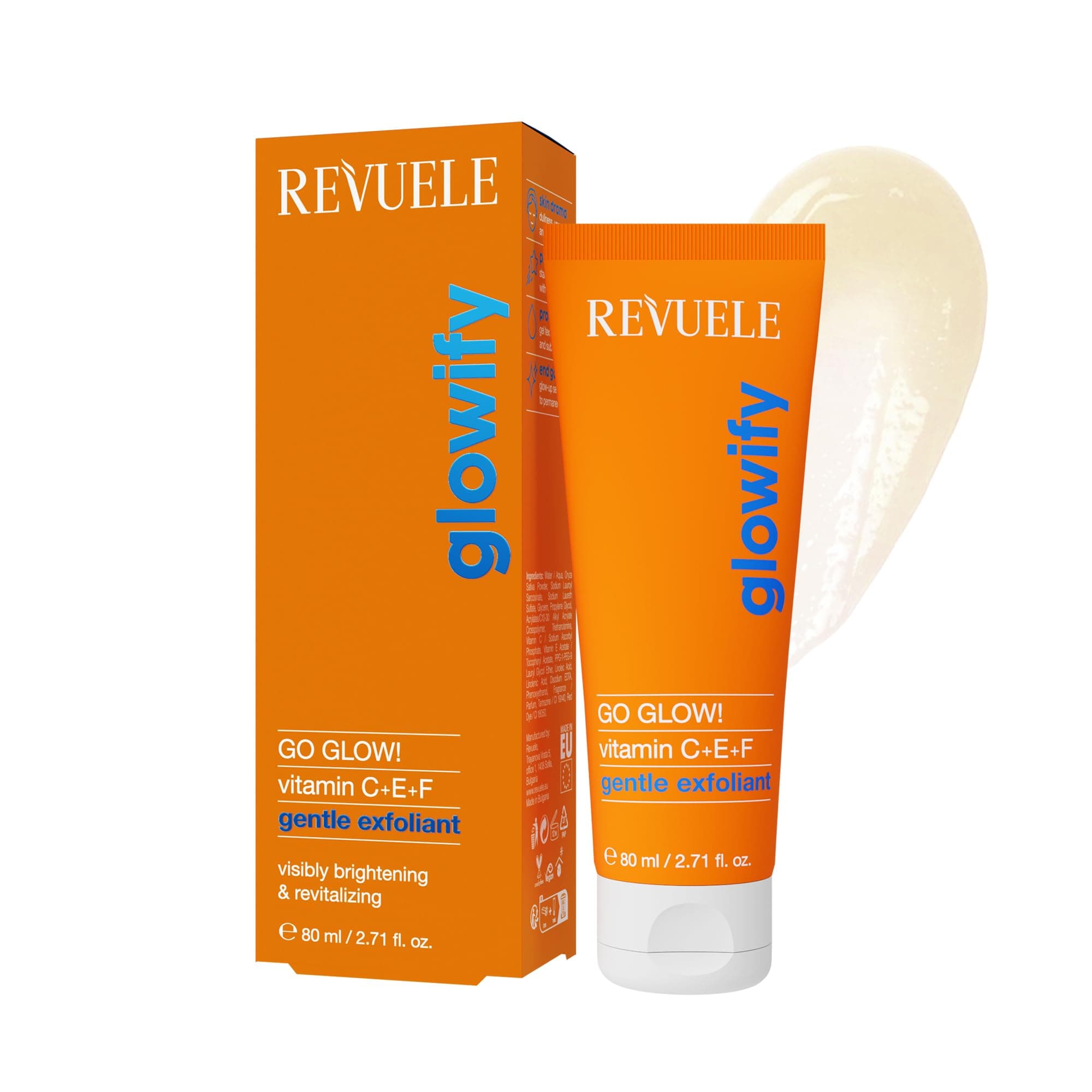 REVUELE Go Glow! Gentle Face Scrub – Vitamins C+E+F, Exfoliating Gel with Microcrystals, Brightens and Evens Complexion, Revitalizing and Antioxidant, 80 ml