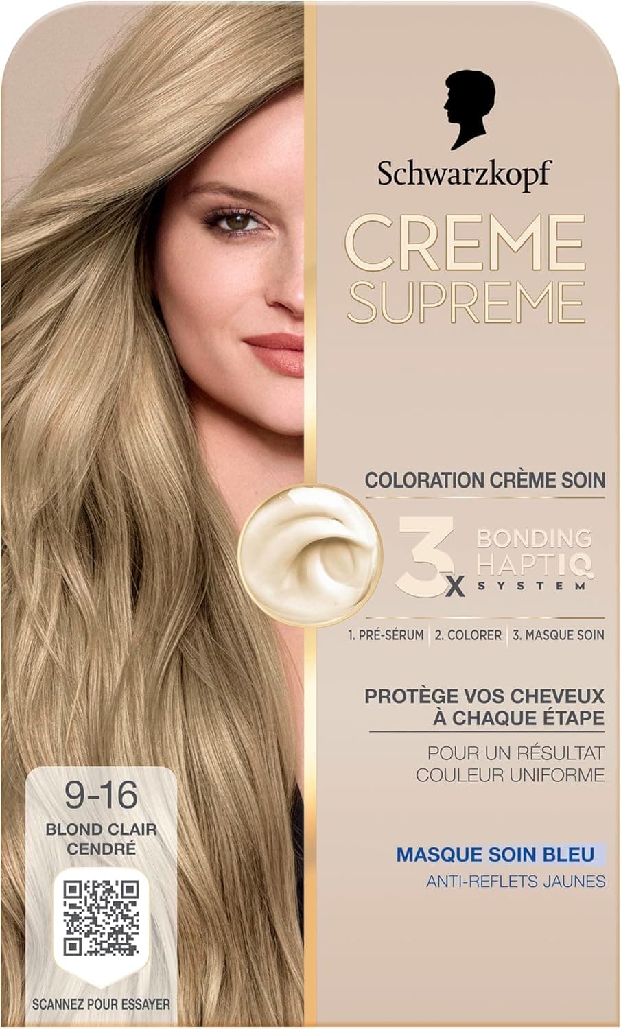 Creme Supreme - Schwarzkopf - Coloration Permanente- Resultat Couleur Uniforme - Coloration Creme Soin - Bonding - Pre-serum et Masque Soin - Couverture 100% Cheveux Blancs -9-16 -Blond Clair Cendré