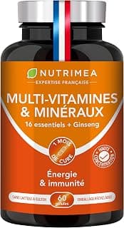 Nutrimea Multivitamins and Minerals - 16 Vitamins & Minerals + Ginseng - Vitamins A, B6, B9, B12, C, D3, E, Magnesium, Iron, Zinc & Calcium - Energy, Vitality, Power - Made in France
