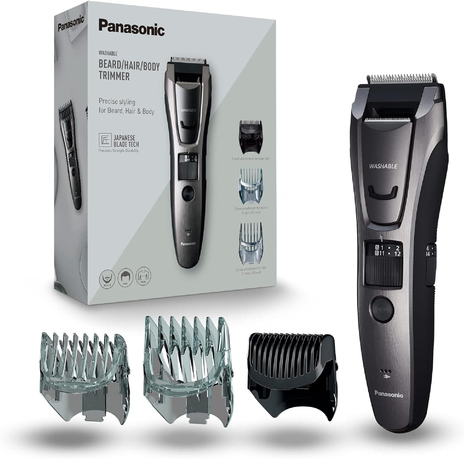 Panasonic Panasonic ER-GB80-H503 Tondeuse à Barbe, Cheveux et Corps pour Hommes, Portative Étanche Sans Fil, 39 Longueur Réglables, 3 Accessoires, Détaillée, Fonctionnement Avec ou Sans Fil, Argent Foncé