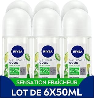 NIVEA NATURALLY GOOD Déodorant Femme Aloe Vera Bio Bille (lot de 6 x 50 ml), déodorant avec 95% d’ingrédients d’origine naturelle, roll-on fraîcheur 24h