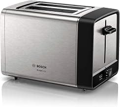 Bosch DesignLine TAT5P420DE Grille-pain compact en acier inoxydable avec arrêt automatique et fonction décongélation, parfait pour 2 tranches de toast, fonction lifting, large, 970 W, acier inoxydable