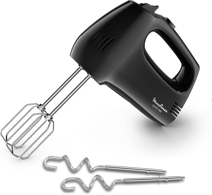 Moulinex Quick Mix, Hand Mixer, 300 W, Stainless Steel Whisks and Dough Hooks, Ergonomic Handle, 5 Adjustable Speeds + Pulse, Compact, HM3108B1, Black - Image 1