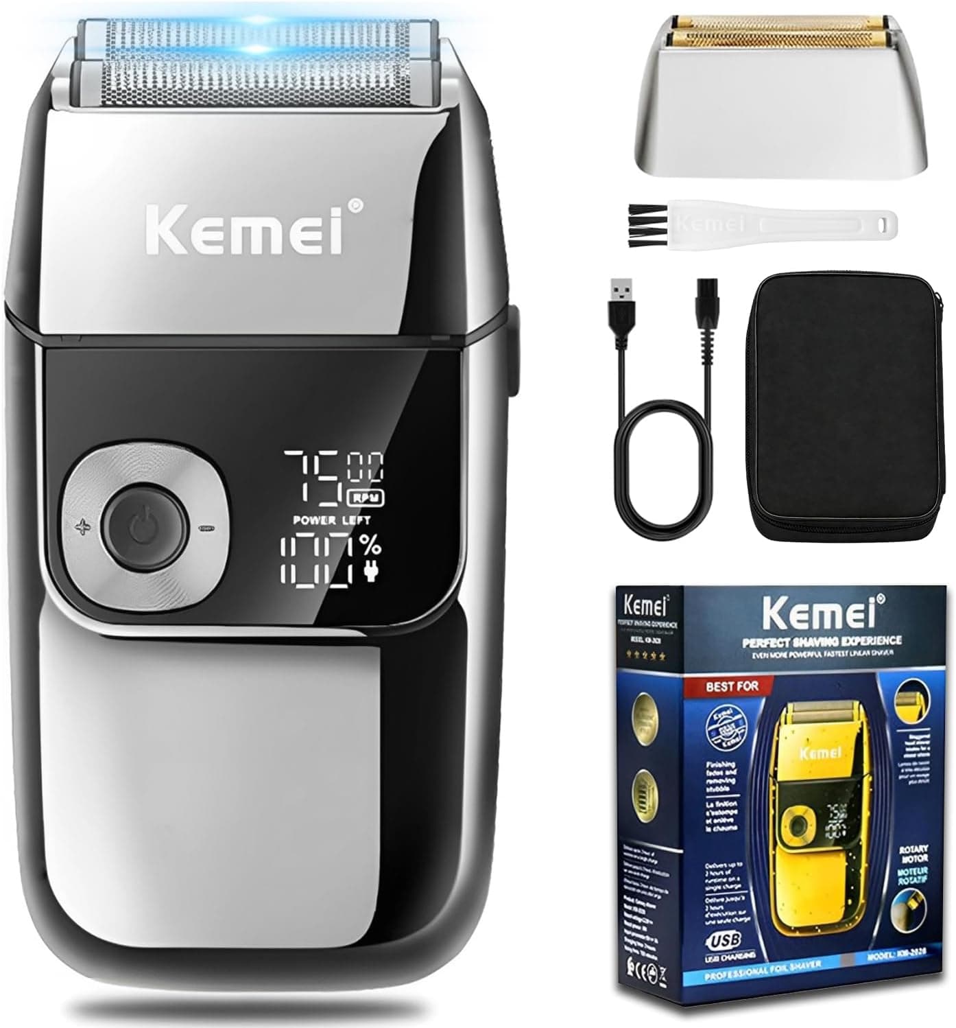 KEMEI Kemei Electric Grid Shaver for Men, Precision Cordless Rechargeable Beard Trimmer Washable USB LED Display Lithium Titanium Grid Shavers with Travel Case