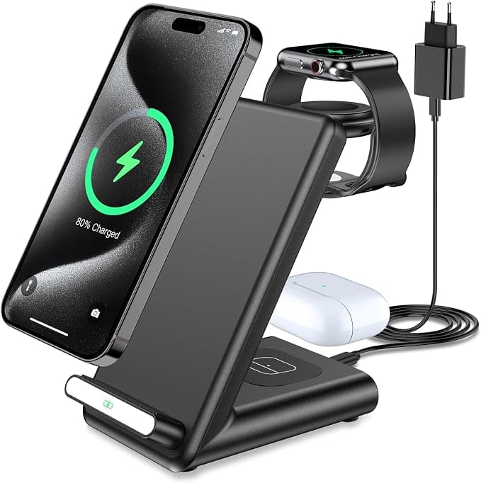 3 in 1 Induction Charger, Wireless Charger for iPhone 17 16 Pro Max/17 Air/16e, for 15 14 13 12 11 Series/XS, Charging Station for Apple Watch Ultra 11 10 9 8 7 6 SE 5 4, Air-Pods Pro 3/4 - Image 1