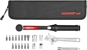 GEDORE Red Bicycle Tool Kit with 1/4" Torque Wrench, 21 Pieces, 5-25Nm, 3/8 Inch Adapter, Gimbal Extension, Bits, Repair Kit with Bag, R21702021, Black/Red