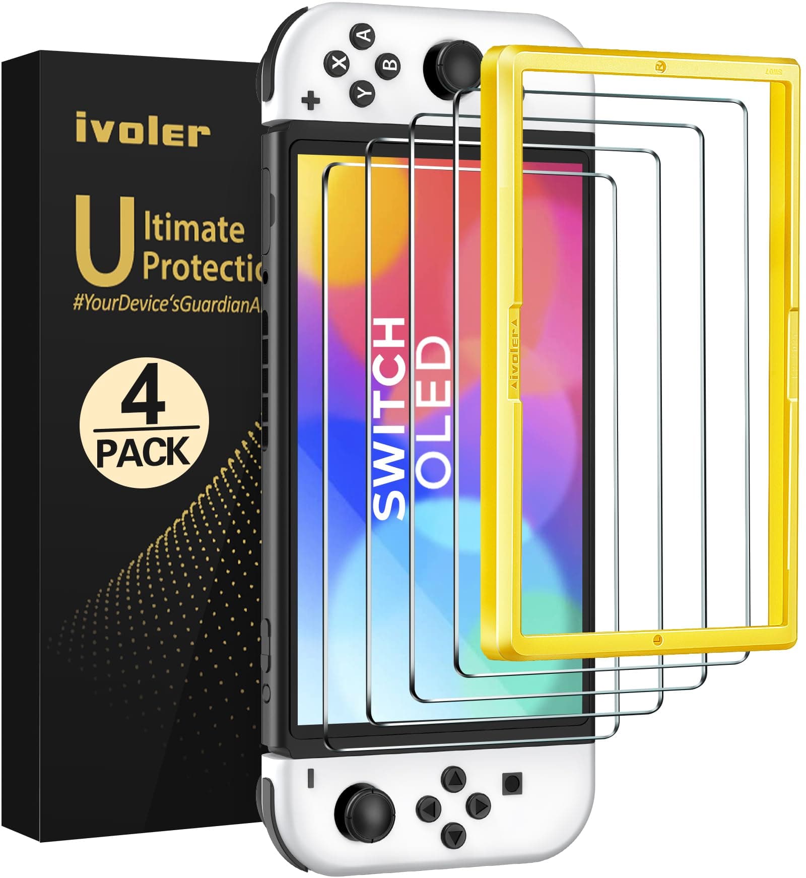 ivoler ivoler Pack de 4 Verre Trempé Compatible avec Nintendo Switch OLED Modèle 7 Pouces Modèle 2021, avec Kit Installation Offert, Film de Protection d’écran - 9H Glass - Anti Rayures - sans Bulles