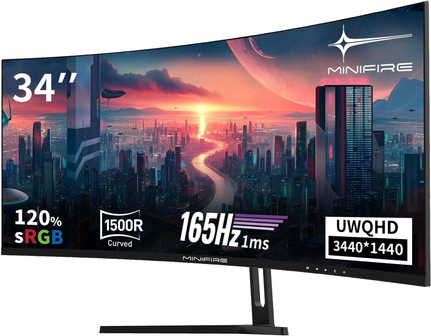Minifire Curved 34 Inch Gaming Monitor, 2K UWQHD (3440x1440), 1ms MPRT, 165Hz(DP), 100Hz (HDMI), AMD FreeSync, Gaming Monitor 1500R, VA Panel, 2xHDMI 2.0/2xDP 1.4 Ports (MFG34C5Q DP Cable Included)