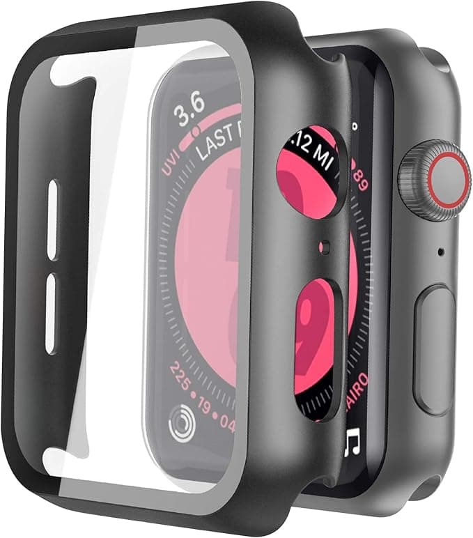 Apple 2-Piece PC Case Compatible with Apple Watch SE3/SE2/SE/Series 6/Series 5/Series 4 40 mm, Ultra Thin Tempered Glass Screen Protector Full Coverage, Black