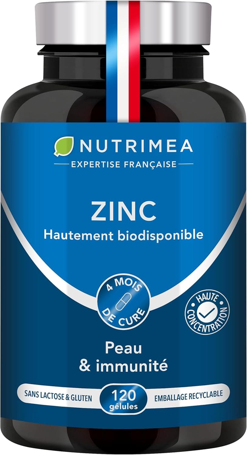 ZINC Citrate - Formule 100% Pure - Haute Absorption - Aide à Lutter Contre l'Acne - Apporte 40 mg de dont 12,5 mg de Zinc Élément (Zn) - 120 Gélules Vegan - Nutrimea - Fabriqué en France