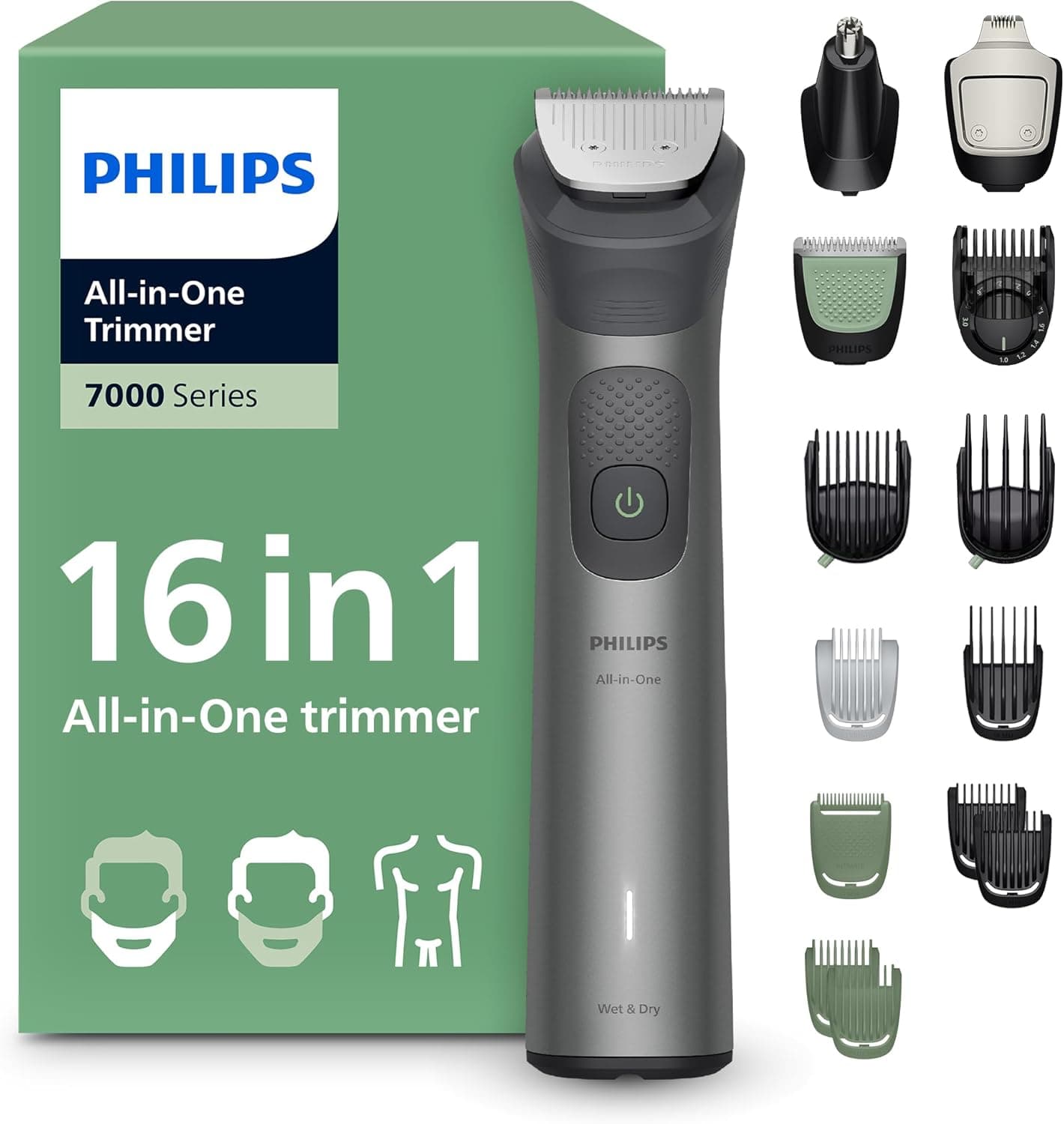 Philips Philips Multigroom série 7000 Tondeuse tout-en-un 16 accessoires – tondeuse pour barbe, cheveux et corps, lames en métal auto-affûtées, 21 hauteurs de coupe (0,5-16 mm), modèle MG7931/15