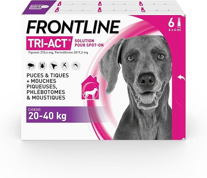 Frontline FRONTLINE Tri-Act Dog Fleas, Ticks, Mosquitoes, Phlebotomes & Stinging Flies – for Large Dogs 20 to 40 kg – Made in France – 6 Spot-On Pipettes