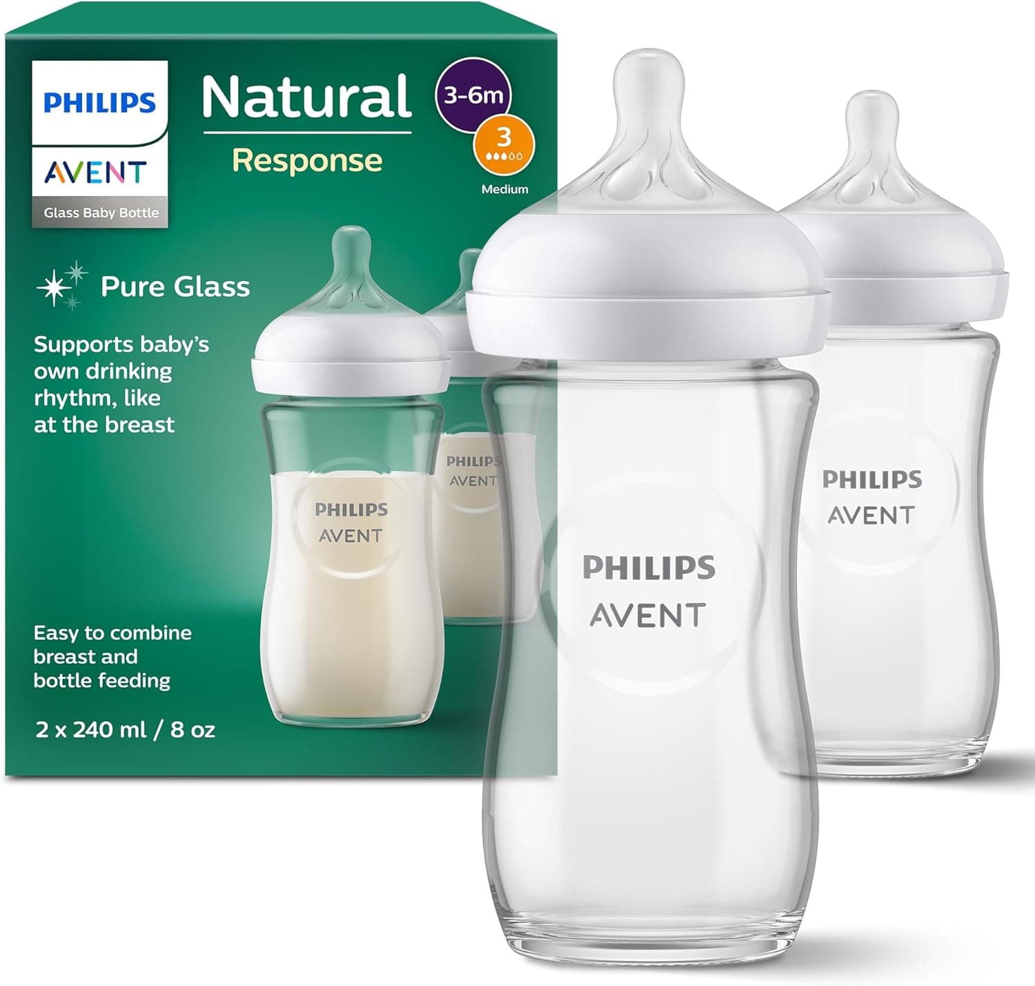 Philips Avent Lot de 2 biberons en verre à Réponse Naturelle – biberon de 240 ml, sans BPA pour les bébés de 1 mois et + (modèle SCY933/02) - Image 1