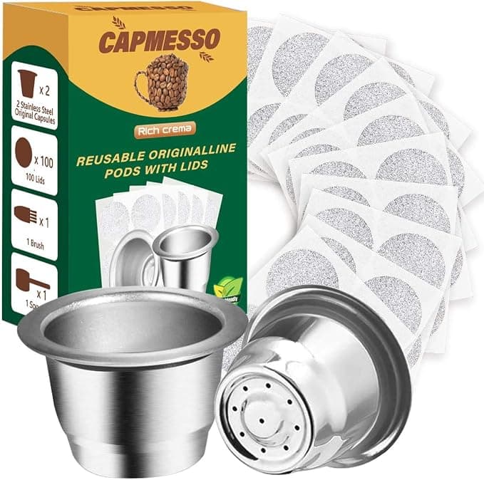CAPMESSO Reusable Espresso Capsules Refillable Stainless Steel Coffee Capsules Compatible with Nespresso OriginalLine Coffee Machine (2 Pods+100 Lids). - Image 1