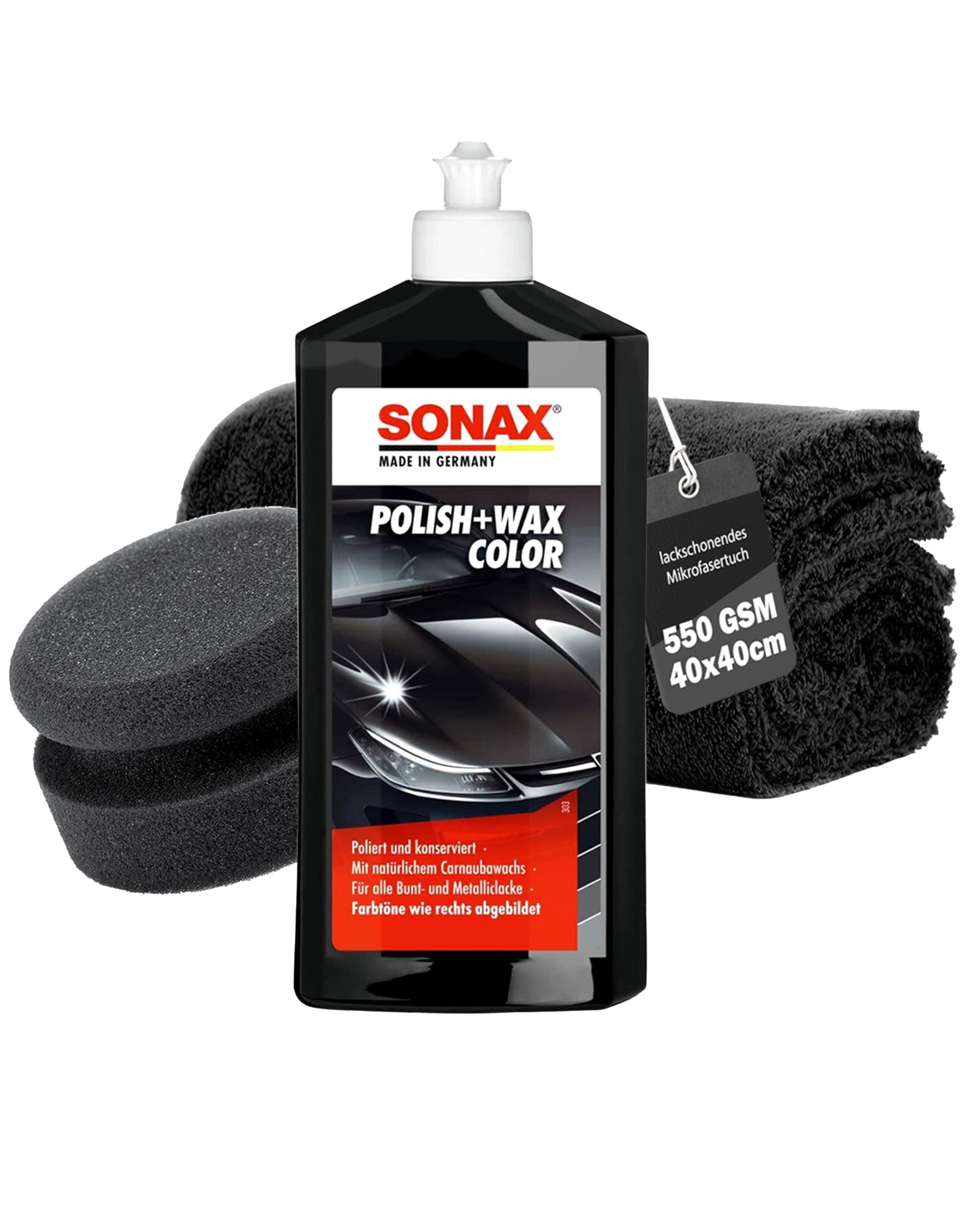 SONAX Sonax Polish & Wax Colour Car Polish Kit 500 ml + Polishing Sponge + Polishing Cloth | Polishing Paste for Coloured and Metallic Paints to Remove Small Scratches |