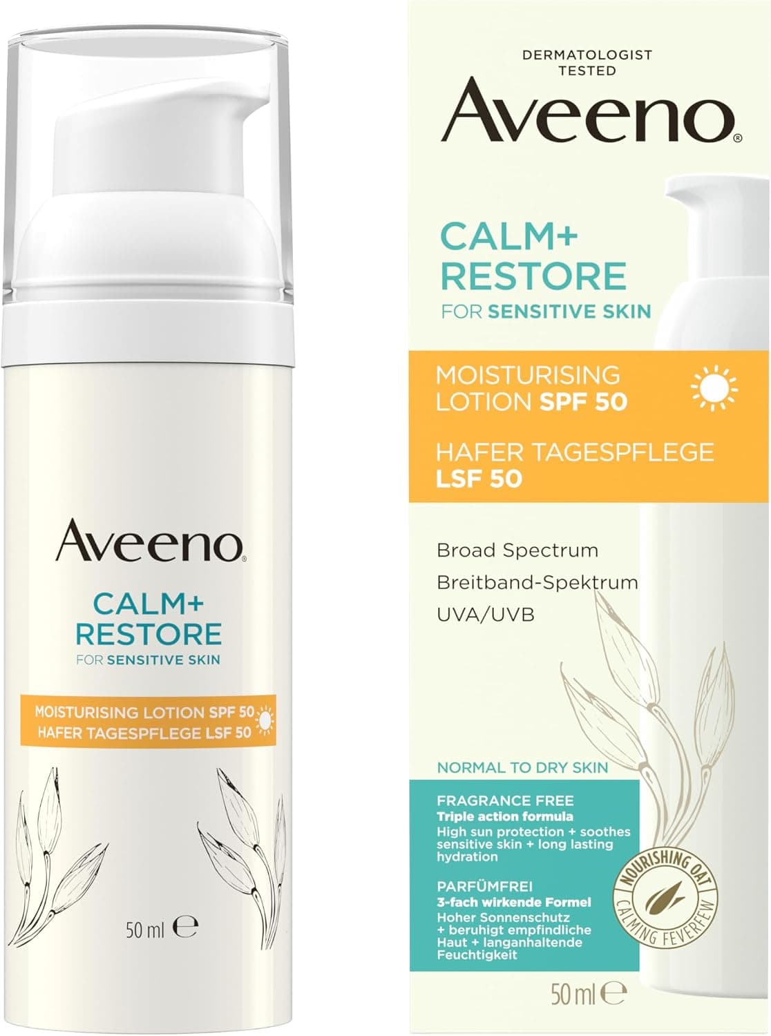 Aveeno CALM+RESTORE Soin de jour à l'avoine SPF 50 (50 ml), large spectre UVA/UVB, apaise les peaux sensibles, hydratation durable, haute protection solaire, sans parfum