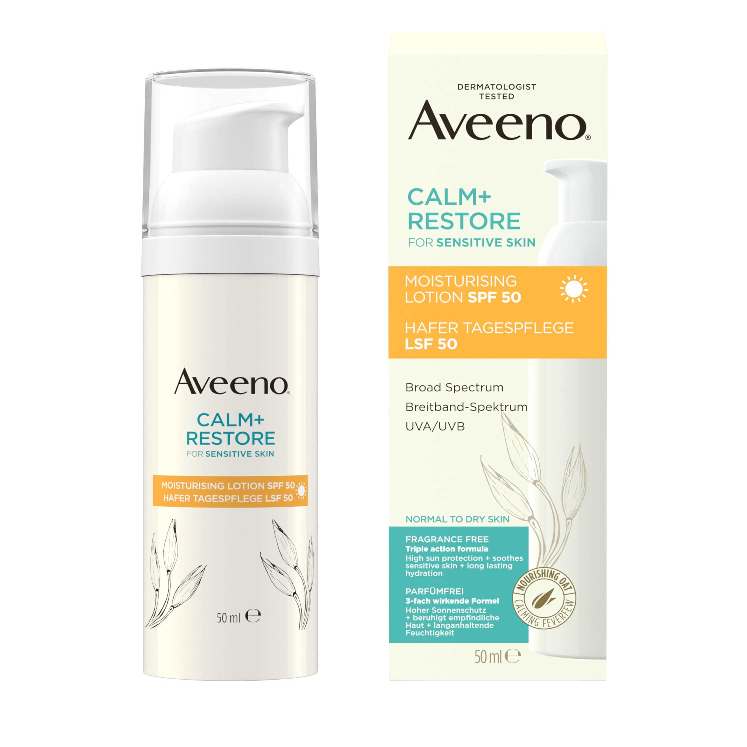 Aveeno CALM+RESTORE Soin de jour à l'avoine SPF 50 (50 ml), large spectre UVA/UVB, apaise les peaux sensibles, hydratation durable, haute protection solaire, sans parfum - Image 3
