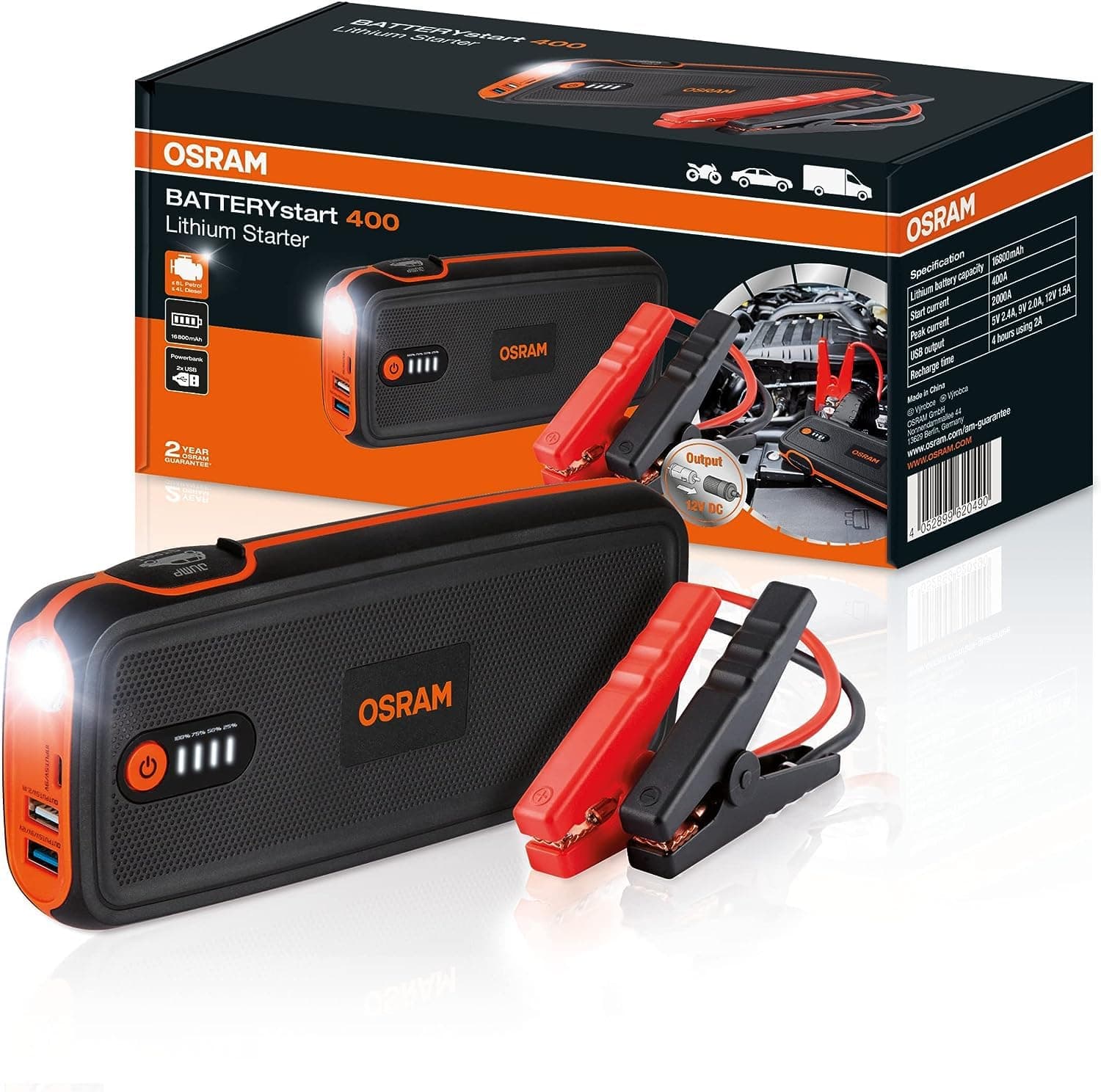 OSRAM BATTERYstart 400, lithium starter 16800 mAh for vehicles with a petrol engine up to 8L and a 4L diesel engine