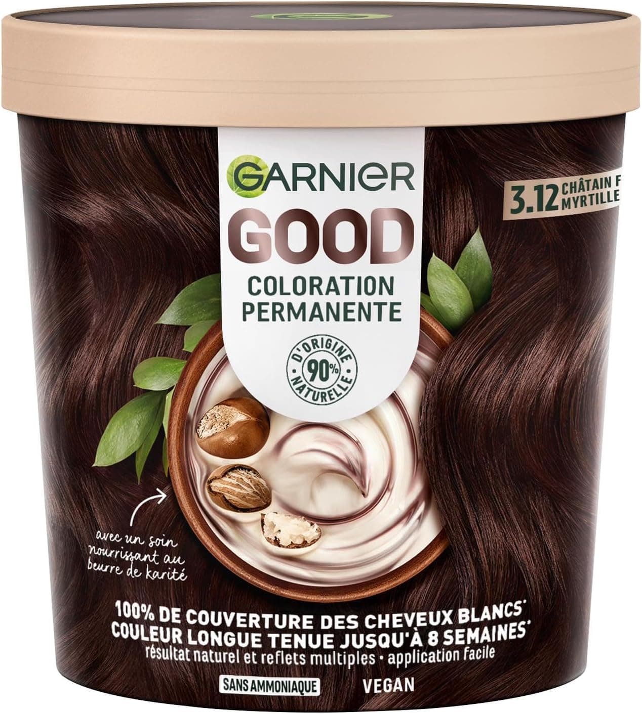 Garnier - Coloration Permanente - Sans Ammoniaque - 90% d'Ingrédients d'Origine Naturelle et Formule Vegan - Beurre de Karité - 100% Couverture Cheveux Blancs - Châtain Foncé Myrtille (3.12) - Good - Image 1