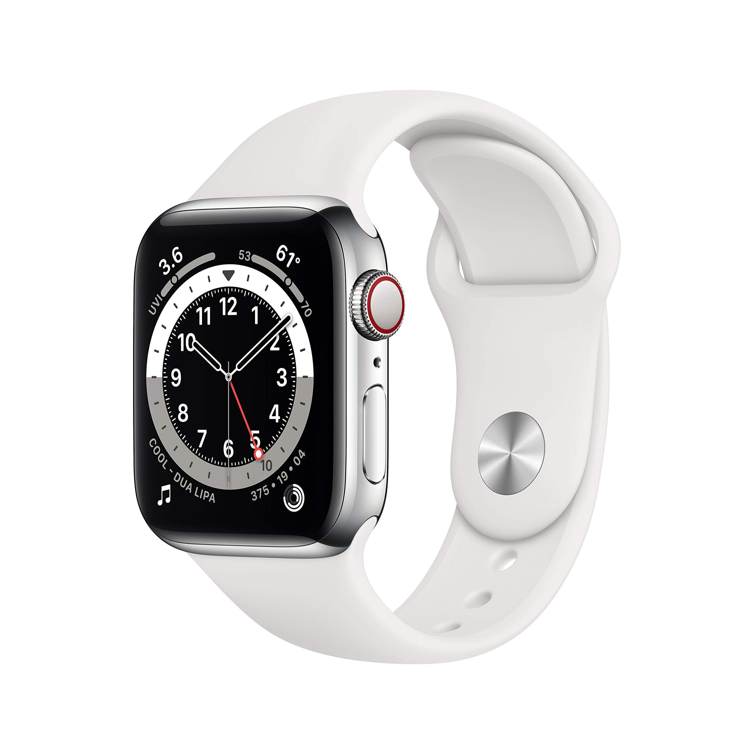 Apple Watch Series 6 (GPS + Cellular, 40MM) Silver Stainless Steel Case with White Sport Strap (Refurbished) - Image 1
